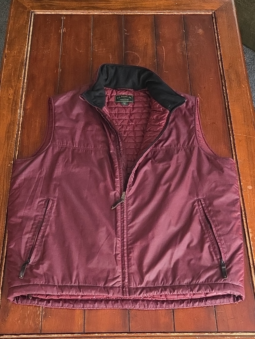 Filson Quilted Wine Burgundy Men's Vest with Black Collar